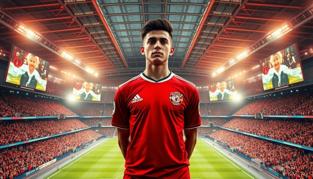 A vast, modern soccer stadium set against a vibrant cityscape, the bright lights and roar of the crowd creating an electrifying atmosphere. In the center, a young player in a red and white jersey stands tall, his expression one of determination and focus as he prepares to make a record-breaking transfer move to a prestigious Premier League club. The stadium's massive screens display his statistics and highlight reel, while the crowd erupts in cheers, capturing the momentous significance of this transfer deal. The scene is bathed in a warm, golden light, conveying a sense of triumph and the promise of greatness to come.