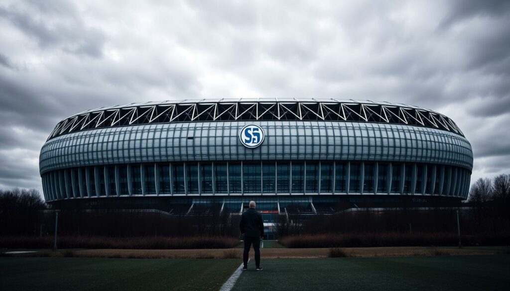 A vast, modern stadium looms against a backdrop of gray, cloudy skies, its towering steel-and-glass facade reflecting the grim economic realities of the times. The Veltins-Arena, a symbol of Schalke's former glory, now stands as a stark reminder of the club's financial struggles, its imposing presence casting a long shadow over the surrounding landscape. In the foreground, a lone figure stands contemplating the stadium's significance, the weight of the club's challenges etched upon their face. The scene conveys a sense of uncertainty and the crucial role the arena plays in Schalke's future, as the club navigates a turbulent period in its history.