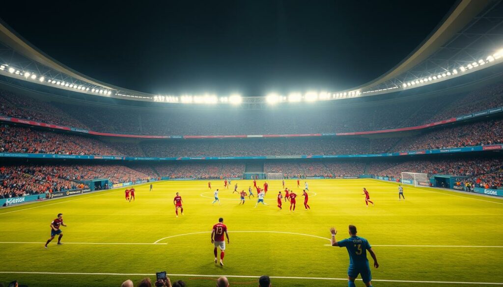 A vast, modern stadium with sleek, curved architecture and towering floodlights illuminating the field. Throngs of enthusiastic fans in vibrant club colors fill the stands, creating an electric atmosphere. On the pitch, two teams of skilled footballers engage in a tactical, high-intensity match, their movements captured in a dynamic, cinematic perspective. The scene exudes a sense of grand spectacle, showcasing the prestige and global scale of the Klub-WM (Club World Cup) tournament.