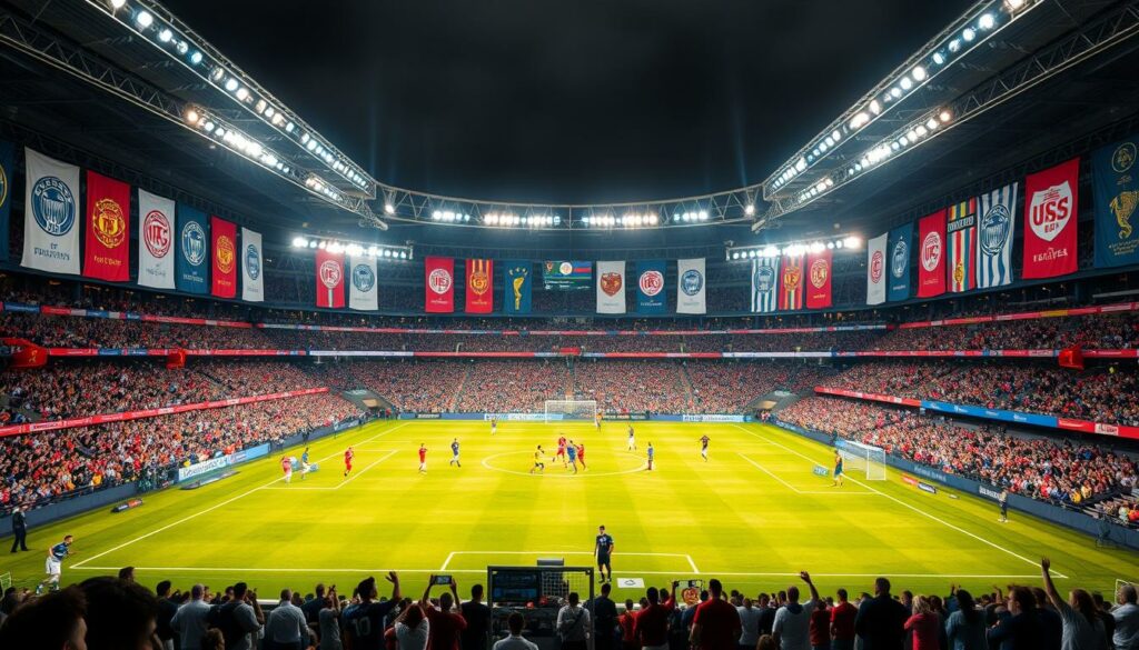 A vast soccer stadium, its floodlights casting a warm glow over the lush, verdant pitch. Majestic banners bearing the insignia of global football clubs hang from the grandstands, creating an air of anticipation and international flair. In the center, a group of uniformed players from diverse nations engage in a spirited match, their dynamic movements and skill on full display. The stadium's seating areas are filled with enthusiastic fans, their faces alight with excitement as they cheer on their beloved teams. A sense of unity and shared passion for the sport pervades the scene, capturing the essence of the Gruppenphase Klub-WM, the prestigious global club competition.