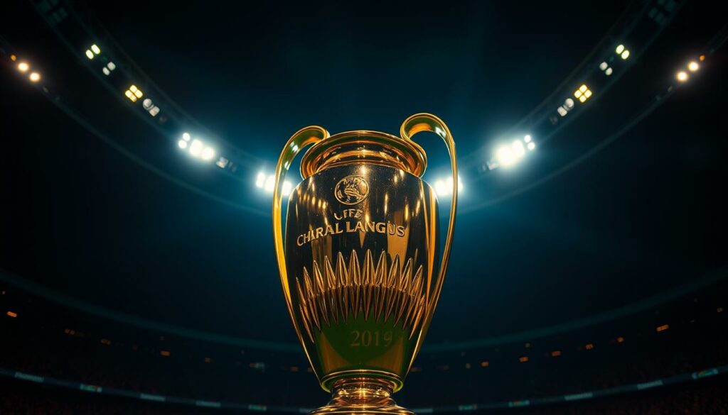 A vibrant and dynamic image of the UEFA Champions League trophy, captured in a dramatic low-angle shot against a backdrop of a dimly lit, shadowy stadium. The trophy, made of gleaming gold, stands tall and proud, its intricate design casting mesmerizing reflections under the subtle, moody lighting. The perspective creates a sense of grandeur and importance, drawing the viewer's gaze towards the iconic symbol of European football's ultimate achievement. The image conveys the high-stakes intensity and prestige associated with the prestigious tournament, setting the stage for the exploration of Harry Kane's performances in this prestigious competition.