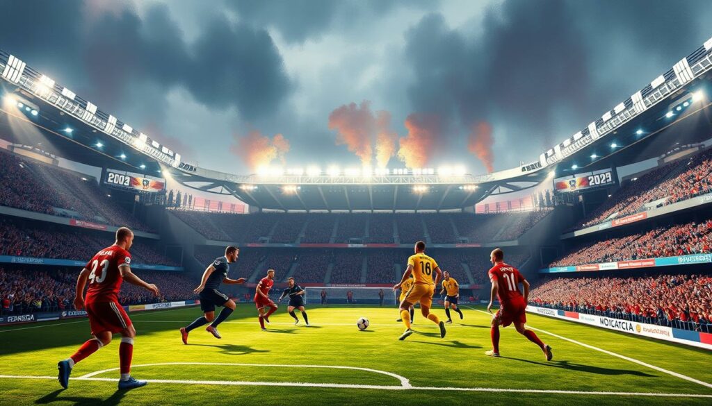 A vibrant and dynamic scene of the top matches in the 2025 DFB Pokal tournament. In the foreground, the players from Bayern Munich, Borussia Dortmund, and the reigning champions engage in an intense, high-stakes clash on a meticulously detailed football pitch. Dramatic lighting casts sharp shadows, heightening the sense of drama and urgency. In the middle ground, the roaring crowd fills the grandstands, their fervent cheers and waving banners creating an electric atmosphere. The background is a striking, impressionistic rendition of the iconic German football stadiums, their architectural details and towering floodlights blending into a cohesive, visually stunning landscape. The overall composition conveys the prestige, passion, and spectacle of the Schwerpunktpartien of the 2025 DFB Pokal.