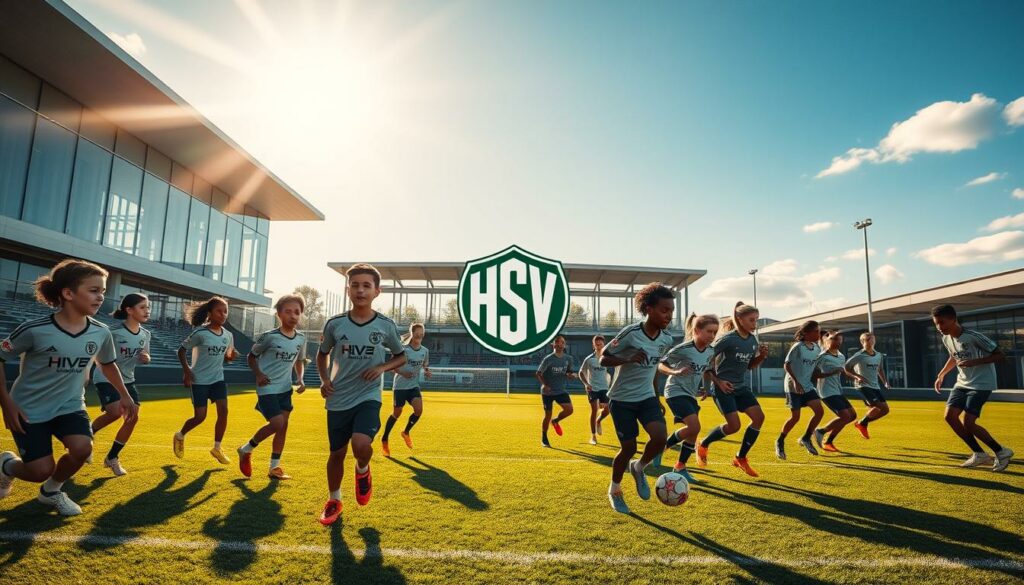 A vibrant, dynamic scene showcasing the future of the HSV youth academy. In the foreground, a group of talented young soccer players, their expressions filled with determination and ambition, training on a well-manicured pitch. Sunlight streams in, casting a warm glow over the scene. In the middle ground, the iconic HSV logo stands proudly, symbolizing the club's commitment to nurturing the next generation of players. The background features the modern, state-of-the-art training facilities, with sleek architecture and cutting-edge equipment, hinting at the club's investment in the Nachwuchs. The overall atmosphere conveys a sense of optimism and promise, reflecting the boundless potential of the HSV youth academy.