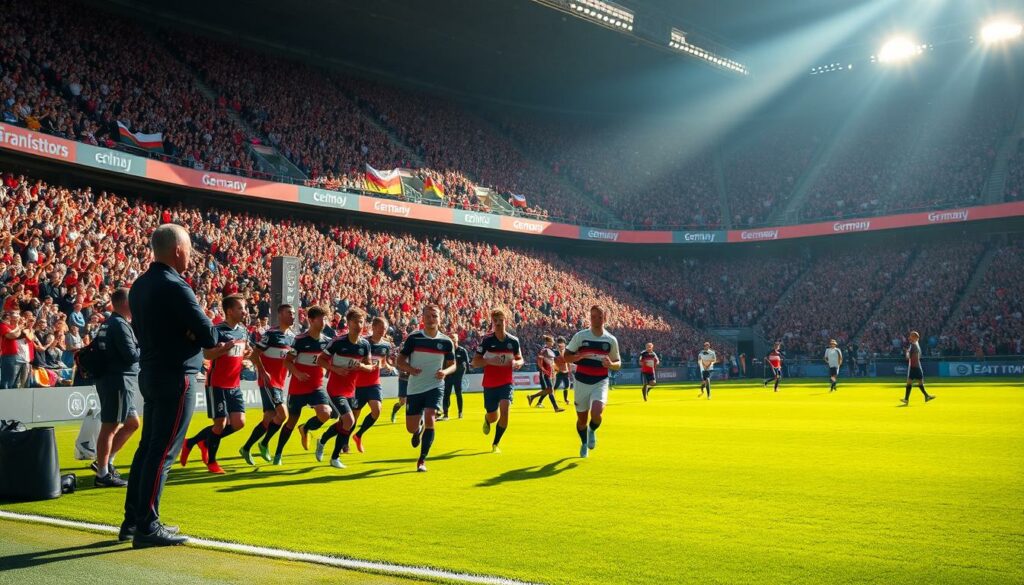 A vibrant football stadium, filled with roaring fans in the stands. The pitch is pristine, the grass a verdant green, as players in national team uniforms sprint across the field, chasing the ball. Dramatic lighting casts long shadows, creating a sense of energy and tension. In the foreground, a cluster of players from the German under-21 national team, faces determined, as they prepare for the European Championship qualification match. The coach stands nearby, arms crossed, studying the action intently. The atmosphere is electric, the air buzzing with the anticipation of a crucial international competition.