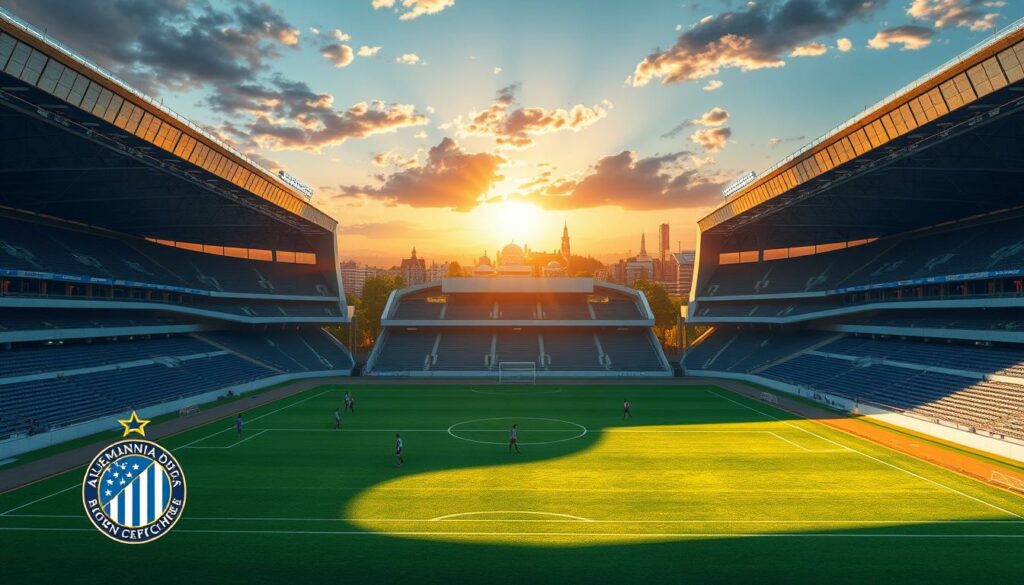 A vibrant, high-resolution image of Alemannia Aachen's iconic football stadium, captured in the golden hour. The imposing concrete stands and floodlights cast dramatic shadows across the meticulously manicured pitch, where players warm up for an upcoming match. In the foreground, the club's crest and historic blue and white colors are prominently displayed, conveying a sense of tradition and pride. The mid-ground features the stadium's unique, angular architecture, while the background showcases the surrounding cityscape, blending the modern and historic elements of Aachen. The scene exudes an atmosphere of anticipation and excitement, perfectly capturing the essence of Alemannia Aachen as a formidable opponent.