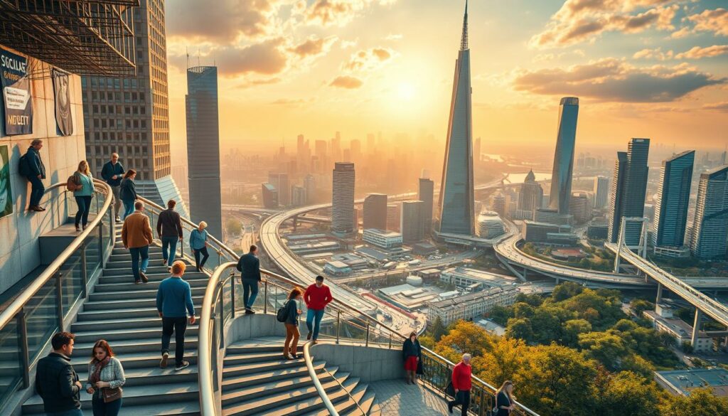 A vibrant, multifaceted scene depicting the concept of "Sozialer Aufstieg Gesellschaft" (Social Mobility in Society). In the foreground, a diverse group of individuals climb a winding staircase, representing the different paths and trajectories of social advancement. The middle ground showcases a bustling urban landscape, with towering skyscrapers, bridges, and transportation hubs, symbolizing the dynamic infrastructure that enables and facilitates social mobility. In the background, a warm, golden-hued sky casts a hopeful glow, instilling a sense of optimism and opportunity. The scene is captured with a cinematic, wide-angle lens, emphasizing the grandeur and scale of the societal transformation. The overall mood is one of progress, determination, and the belief that through hard work and perseverance, individuals can overcome barriers and achieve upward social mobility.