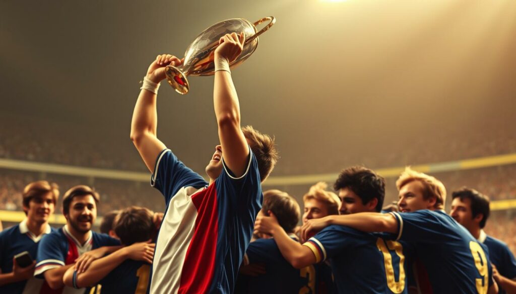 A vibrant, nostalgic scene of the 1984 European Championship victory for France. In the foreground, a triumphant player hoists the trophy aloft, their jersey emblazoned with the iconic Bleu, Blanc, Rouge. In the middle ground, teammates crowd around, embracing and celebrating their hard-fought success. The background is bathed in a warm, golden glow, capturing the electric atmosphere of the stadium. Precise, cinematic lighting casts dramatic shadows, highlighting the players' expressions of pure joy and national pride. The entire composition evokes a sense of French footballing heritage, a pivotal moment that would leave a lasting impact on the sport in the country.