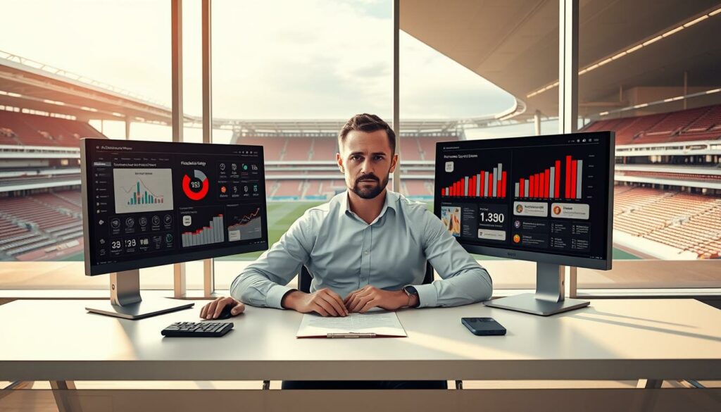 A vibrant, photorealistic image showcasing the financial strategy of Hamburger SV (HSV) football club. Set in a modern, well-lit office, the frame captures the Finanzvorstand (finance director) Eric Huwer sitting at a sleek, minimalist desk, surrounded by crisp infographics and data visualizations on dual computer monitors. Huwer's expression is one of focused determination, underscoring the precision and calculated approach to HSV's financial planning. The background features an expansive window overlooking the iconic Volksparkstadion, symbolizing the club's ambitions to maximize revenue and invest strategically in stadium renovations and squad development. Warm, neutral tones and clean, angular design elements convey a sense of professionalism and financial acumen driving the "Finanzstrategie HSV".