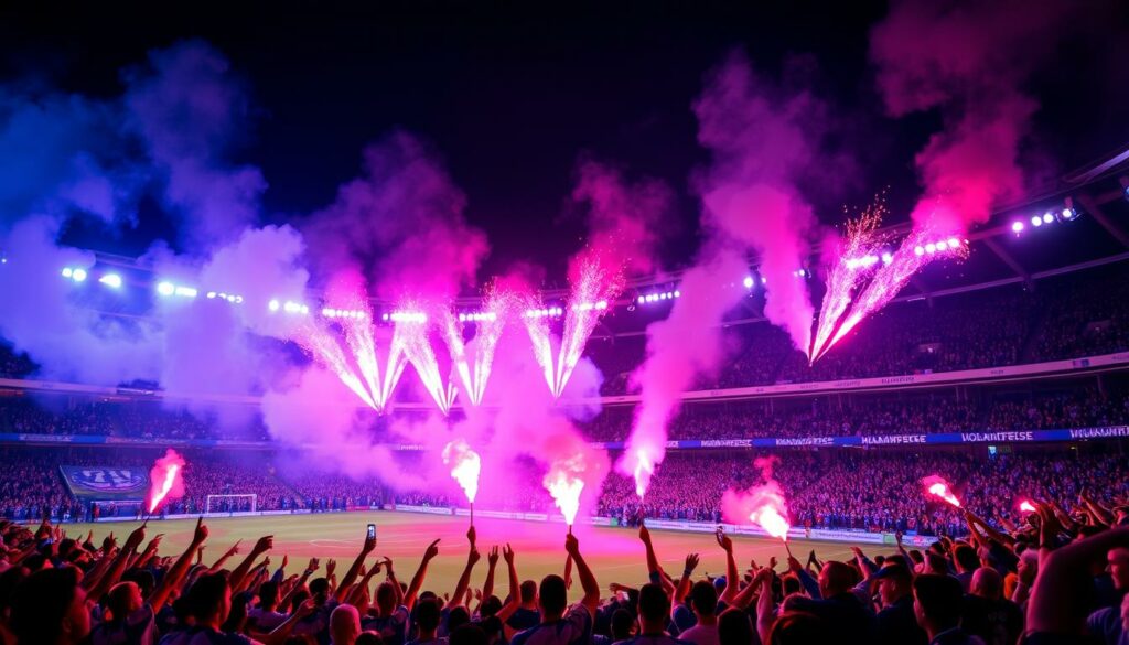 A vibrant pyrotechnic display illuminates the Volksparkstadion, the home of the Hamburger SV soccer club. Fans dressed in the team's iconic blue and white colors hold flares aloft, creating a mesmerizing visual spectacle. The stadium's floodlights cast long shadows across the pitch, adding to the dramatic atmosphere. In the foreground, a crowd of passionate supporters chant and sing, their voices echoing through the cavernous arena. In the background, the historic stands and iconic architecture of the stadium provide a striking backdrop. The scene captures the essence of the club's rich fan culture, where dedication, tradition, and pyrotechnic displays come together to create an unforgettable experience.