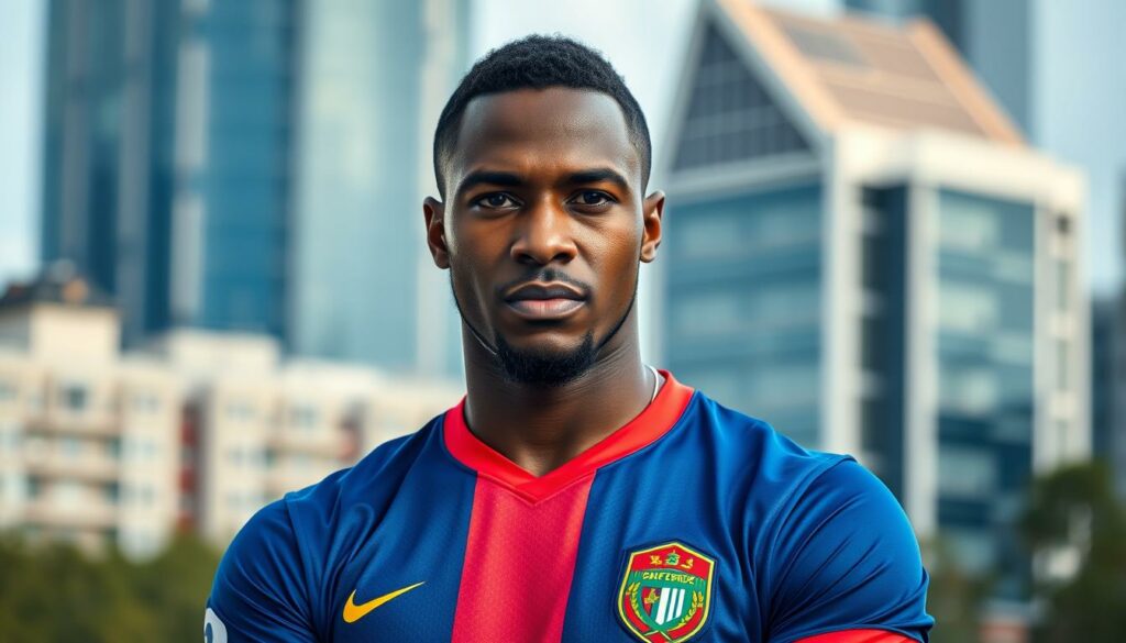 A well-lit, high-resolution portrait of Serginho, a professional soccer player from Cape Verde, against a blurred urban background with skyscrapers. Serginho is wearing his national team jersey, standing in a confident, forward-facing pose, with a determined expression on his face. The lighting is soft and flattering, accentuating his athletic physique and highlighting his facial features. The depth of field is shallow, keeping the focus on Serginho while the background remains slightly out of focus, creating a sense of depth and emphasizing the subject. The overall tone is one of professionalism and seriousness, conveying the idea of a talented, sought-after player.