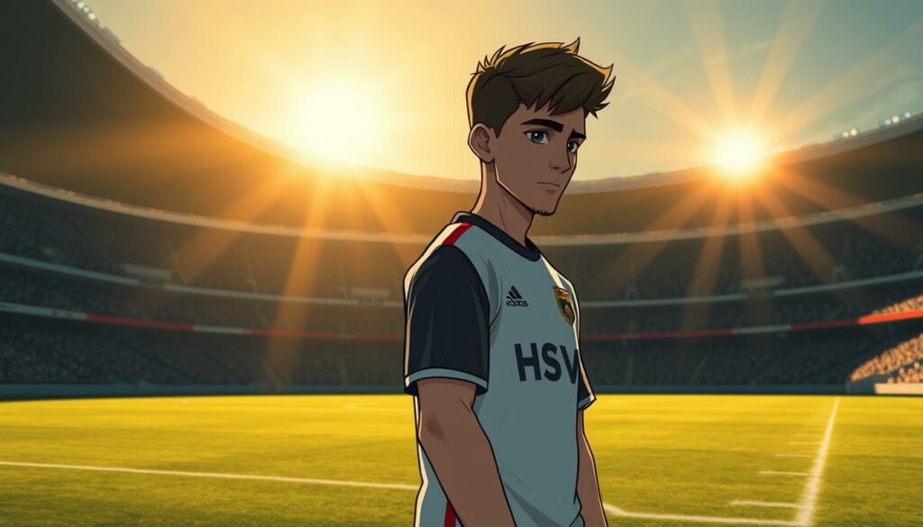 A wistful, cinematic scene of Lucas Perrin, the former HSV loanee, standing alone on an empty pitch, his gaze distant and pensive. The sun's golden rays filter through the stadium's shadows, casting a melancholic glow over his dejected form. His HSV jersey hangs loosely, a symbol of his fleeting tenure with the club. In the background, the muted roar of the empty stands echoes, a reminder of the missed opportunities and unfulfilled potential. The composition evokes a sense of transience and the bittersweet nature of a promising career stalled, captured in a singular, contemplative moment.