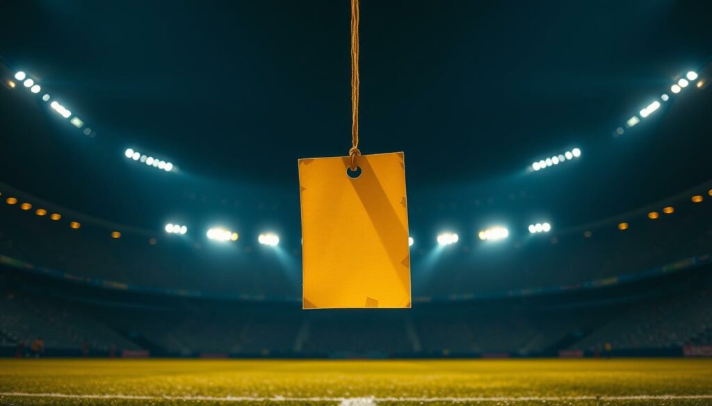 A yellow card floating in a dimly lit soccer stadium, casting a warm glow across the empty field. The card's edges are worn, hinting at its history of use. The stadium lights create dramatic shadows, conveying a sense of disappointment and dejection. The atmosphere is somber, reflecting the let-down of the CONCACAF Gold Cup. The camera angle is low, emphasizing the gravity of the situation and the weight of the yellow card. The image evokes the emotions of the article's subject, capturing the essence of the "Enttäuschung" (disappointment) felt during this pivotal moment.