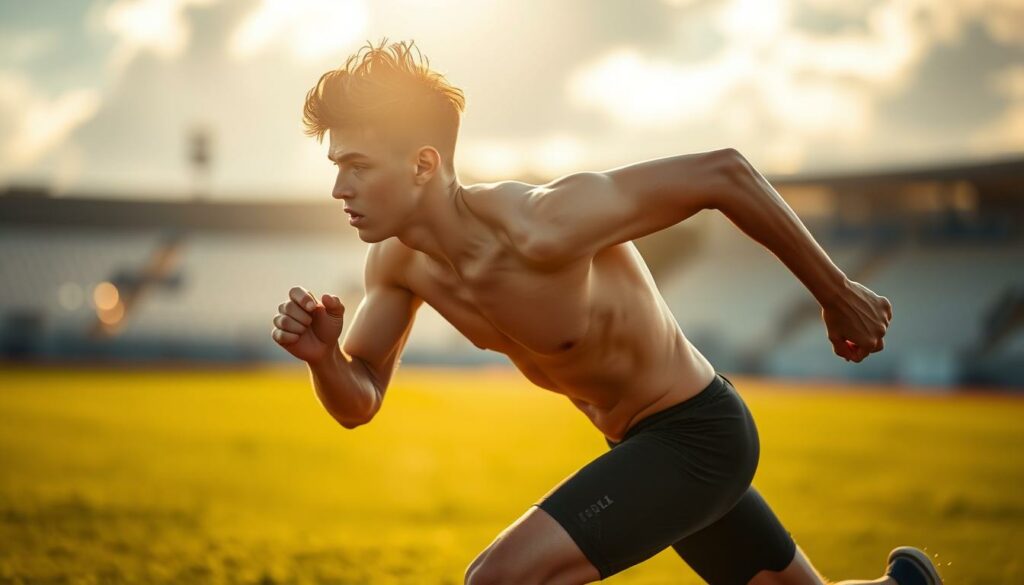 A young athlete, Alexander Røssing-Lelesiit, stands in a dynamic running pose, showcasing his exceptional speed and talent. Sunlight filters through wispy clouds, casting a warm glow on his muscular frame as he propels himself forward, his body a blur of motion. The background is a blurred field, hinting at a competitive track or stadium setting. The image conveys a sense of power, agility, and the exhilaration of peak athletic performance, perfectly capturing the essence of "HSV-Talent Schnelligkeit" - the speed and talent of this rising sports star.