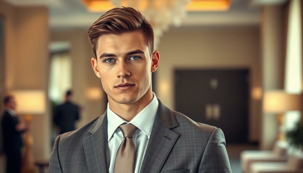 A young, athletic man with a chiseled jawline and piercing blue eyes stands in a confident, yet relaxed pose. His short, neatly-styled brown hair and clean-shaven face exude an air of professionalism. He wears a sharp, tailored suit in a neutral color, paired with a crisp white shirt and a subtle, understated tie. The lighting is soft and flattering, with a slight vignette effect that draws the viewer's attention to the subject. The background is blurred, suggesting an elegant, formal setting, such as an office or a high-end hotel lobby. The overall impression is one of sophistication, intelligence, and a subtle hint of power and authority.