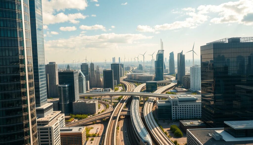 An aerial view of a bustling cityscape, showcasing the future of corporate enterprise. In the foreground, towering skyscrapers with sleek, modern architecture reach toward the sky, their glass facades reflecting the vibrancy of the city below. In the middle ground, a network of transportation hubs, including high-speed rail and autonomous vehicles, weaves through the urban landscape, facilitating the seamless flow of commerce and communication. In the background, a horizon of towering wind turbines and solar panels harness the power of renewable energy, powering the technological advancements that drive the future of business. The scene is bathed in a warm, golden light, conveying a sense of progress, innovation, and prosperity.