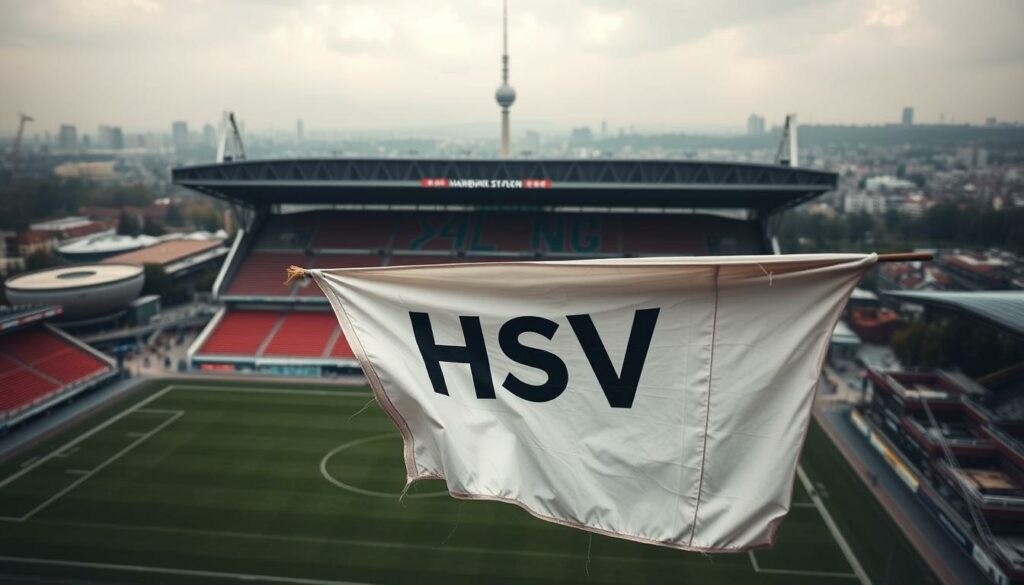 An aerial view of the Volksparkstadion, home of the Hamburger SV football club, set against a gloomy, overcast sky. The stadium stands out in muted tones, its once-vibrant colors subdued, reflecting the potential downfall of the historic club. In the foreground, a tattered HSV flag hangs limply, symbolizing the uncertainty and weight of a potential relegation to the second division. The surrounding cityscape is hazy, with the iconic Fernsehturm tower partially obscured, suggesting the far-reaching impact a demotion could have on the city of Hamburg and its devoted fans. The overall atmosphere is somber, evoking a sense of foreboding and the impending challenges the club may face.
