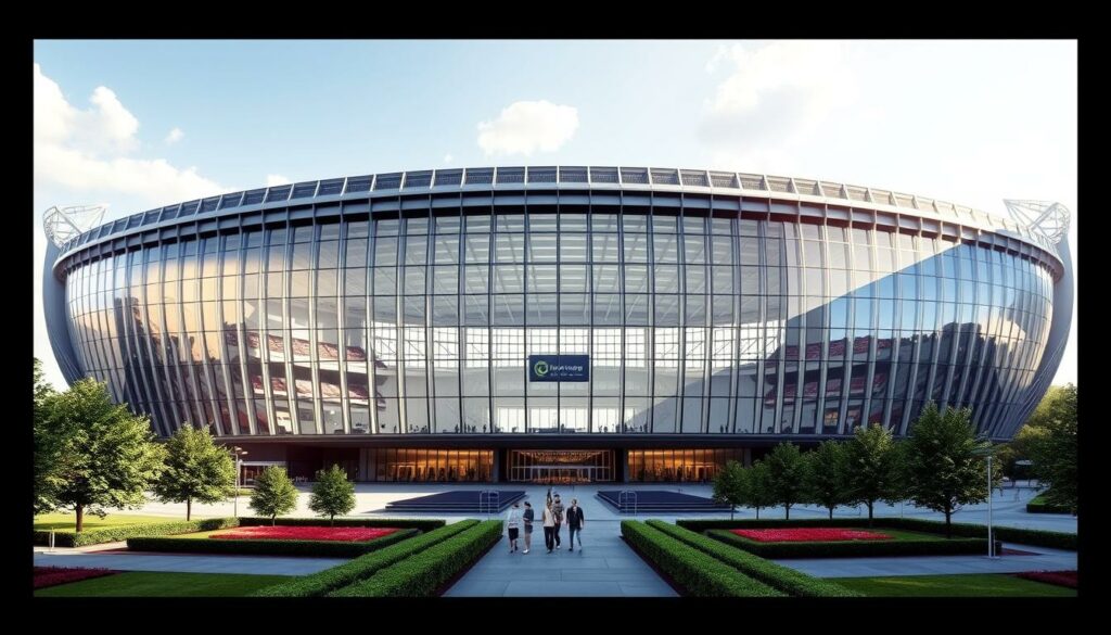 Detailed architectural rendering of the Volksparkstadion in Hamburg, Germany, showcasing the expansive renovations and expansions completed for the 2006 FIFA World Cup. The iconic stadium stands tall, its striking modern design featuring a sweeping glass facade that reflects the surrounding cityscape. Manicured landscaping frames the entrance, leading visitors towards the grand concourse. Sunlight filters through the expansive windows, illuminating the interior's updated amenities and hospitality suites. The image captures the scale and sophistication of this world-class sports venue, emphasizing the careful planning and execution of the 2006 upgrades that transformed the Volksparkstadion into a premier destination for international football events.