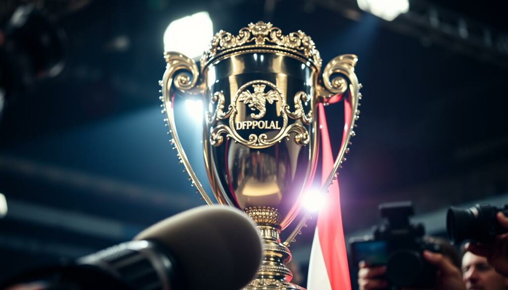 Dramatic close-up of a DFB-Pokal trophy, shimmering and gleaming under intense studio lighting. The iconic trophy's intricate details and ornate design command attention, casting dynamic shadows that create depth and texture. In the foreground, a media microphone and camera lenses converge, capturing the trophy's mesmerizing presence. The background subtly blurs, evoking a sense of intense focus and anticipation, as if the viewer is witnessing a pivotal moment in the tournament's coverage. The overall mood is one of heightened media scrutiny and the weight of expectation surrounding the historic German cup competition.