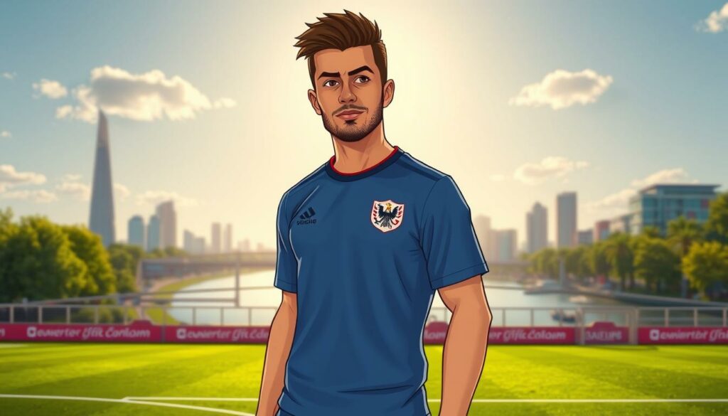 Emir Sahiti, a young professional footballer, stands confidently on a pitch, his eyes filled with determination. The midday sun casts a warm glow, highlighting his athletic physique and the intricate details of his Kosovo-inspired jersey. In the background, the iconic Hamburg skyline and the Alster river create a serene urban landscape, a testament to his journey from the Balkans to the heart of northern Germany. The scene conveys a sense of triumph and personal growth, capturing Sahiti's transition from a promising young talent to a key player for the Hamburger SV.