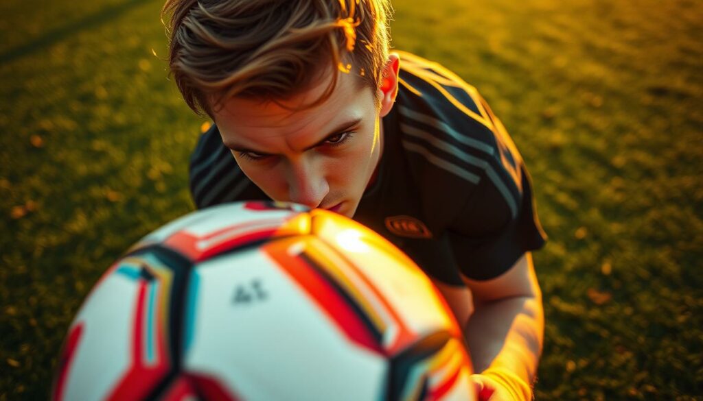 Florian Wirtz, the rising star of the German U21 national team, captured in a dynamic on-field moment. A close-up shot showcases his intense focus, eyes narrowed with determination as he controls the ball. The vivid green grass of the pitch creates a lush, immersive backdrop, while the crisp, golden-hour lighting casts dramatic shadows across his athletic frame. The camera angle slightly from below heightens the sense of power and dominance, conveying Wirtz's skill and confidence on the field. An atmospheric, cinematic composition that encapsulates the essence of his promising young career.