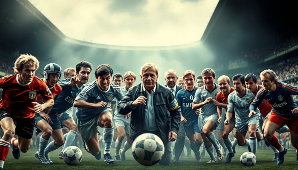 Legendary Players and Coaches A dynamic group portrait of celebrated football icons, captured in a timeless, cinematic style. In the foreground, a cluster of legendary players in mid-action, their expressions intense, their movements frozen in time. Prominent figures from different eras and nationalities, each with their own iconic playing style and legacy. In the middle ground, a gathering of renowned coaches, their authoritative poses and tactical gestures conveying the gravitas of their roles. The background is a softly blurred, atmospheric setting, hinting at the grand stadiums and passionate crowds that have witnessed these legends' triumphs. Dramatic lighting and a muted color palette evoke a sense of reverence and historical significance, honoring the enduring impact of these football greats.