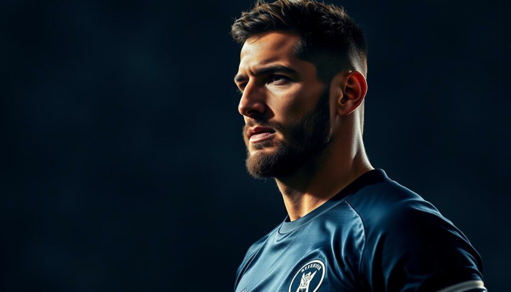 Monterrey CF defensive powerhouse Sergio Ramos, captured in a high-contrast, cinematic portrait. Ramos stands resolute, his piercing gaze reflecting the intensity of the match. Dramatic side lighting casts sharp shadows, accentuating the player's chiseled features and athletic physique. The background blurs into a moody, textured backdrop, placing the focus squarely on Ramos' commanding presence. This image conveys the defensive prowess and leadership that have made Ramos a legendary figure in the world of football.