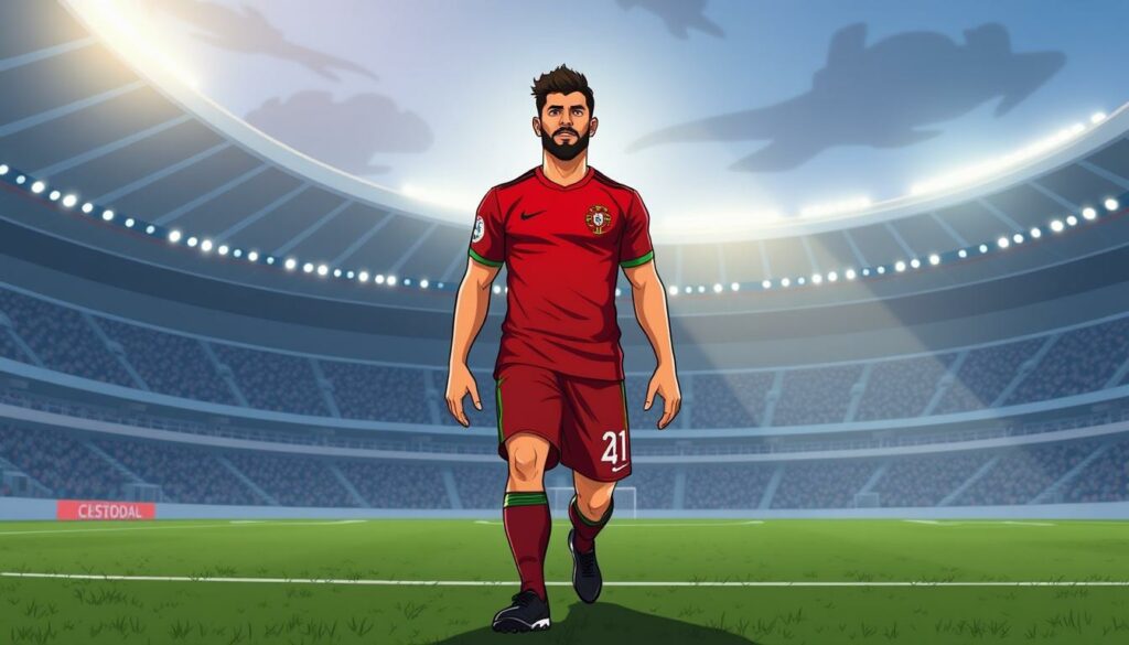 Nuno Mendes, the young Portuguese defender, stands tall and resolute on the pitch, his expression a mix of fierce determination and quiet confidence. The soft glow of stadium floodlights illuminates his chiseled features, casting dramatic shadows that accentuate his athletic prowess. In the background, the sleek, modern architecture of the UEFA Nations League stadium provides a striking contrast, hinting at the grand stage upon which Mendes now shines. The camera captures him mid-stride, his powerful legs propelling him forward as he reads the game with the instincts of a seasoned veteran. The overall scene exudes a sense of dynamism and anticipation, reflecting the promise and potential of Mendes' breakout performance on the international stage.