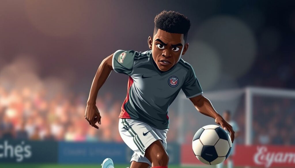 Portrait of Christian Kofane, a rising young soccer star from Cameroon. Capture his athletic prowess and youthful energy as he dribbles the ball downfield, gaze intense and muscles rippling under his uniform. Dramatic lighting casts dynamic shadows, emphasizing his powerful physique and focused determination. The background blurs away, drawing the viewer's eye to the central subject. Convey a sense of momentum and potential, hinting at the player's promising future. Render the scene with photorealistic detail, showcasing Kofane's skills and charisma that have made him a rising talent in the Bundesliga.