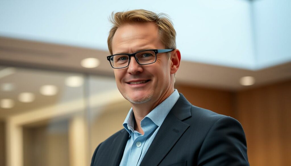 Portrait of Stefan Kuntz, the Sportvorstand (sporting director) of a German football club, standing in a well-lit office or meeting room. Kuntz is wearing a formal suit, appearing confident and focused, with a slight smile on his face. The background is blurred, but hints at the modern, professional setting of a sports organization's headquarters. The lighting is soft and flattering, creating depth and dimensionality in the image. The angle is slightly angled, giving a sense of Kuntz's authoritative presence and leadership role. The overall mood is one of competence, professionalism, and the pursuit of success in the world of German football.
