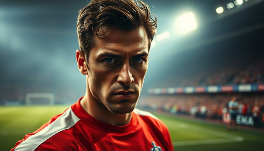 Torjäger Statistik Bernard Lacombe - a portrait of the legendary French striker in his prime. In the foreground, a close-up of Lacombe's determined expression, his gaze fixed intently on the viewer. He wears his iconic red and white striped jersey, the French national team crest visible on his chest. In the middle ground, blurred stadium lights and cheering fans, capturing the electric atmosphere of a match. The background is a hazy, dreamlike rendering of a football pitch, the grass glistening under the floodlights. Dramatic chiaroscuro lighting casts dramatic shadows, emphasizing Lacombe's powerful physique and athletic prowess. An image that celebrates the skill and impact of one of France's greatest footballing icons.