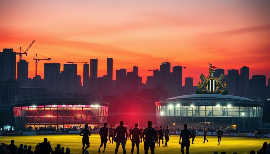 A bustling city skyline at dusk, the silhouettes of high-rise buildings and cranes against a vibrant orange-pink sky. In the foreground, two soccer stadiums, one in the colors of Eintracht Frankfurt and the other in the colors of Newcastle United, stand as beacons of the clubs' presence on the international stage. The stadiums are illuminated, casting warm, focused light onto the field, hinting at the anticipation and tension of an upcoming match. In the middle ground, a group of fans, decked out in team jerseys and scarves, gather excitedly, their faces alight with the thrill of the game. The scene conveys a sense of uncertainty and transition, as the future of the two clubs and their players hangs in the balance.