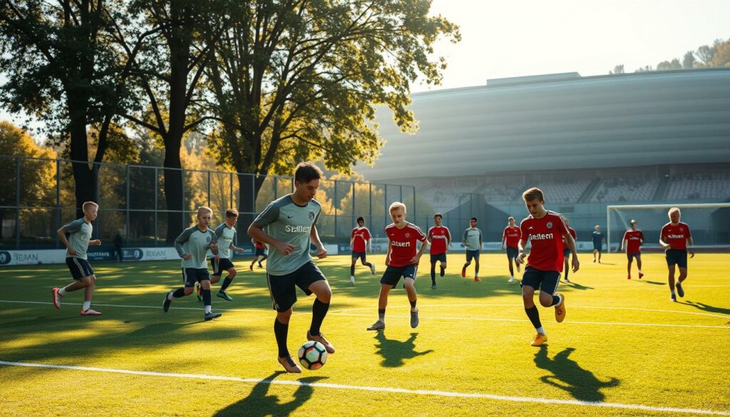 A bustling football academy in the heart of Munich, where young talents from across Germany converge to hone their skills under the watchful eye of legendary coach Hermann Gerland. The scene depicts a group of aspiring players, their faces alight with determination, as they navigate intricate drills and exercises on a meticulously manicured pitch. Filtered sunlight streams through the nearby trees, casting a warm, golden glow over the proceedings, while the iconic Allianz Arena looms in the distance, a symbol of the club's storied history and the dreams that await these young hopefuls. The mood is one of focus, discipline, and the promise of a bright future, as these players embark on their journey to become the next generation of Bayern Munich superstars.