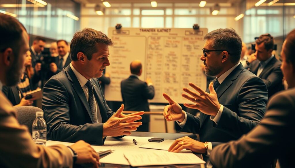 A bustling football transfer market scene, captured with a cinematic wide-angle lens. In the foreground, two executives in suits are engaged in intense negotiations, hands gesturing animatedly as they discuss financial hurdles. In the middle ground, a large whiteboard displays intricate player transfer details and budgets. The background is a blur of activity, with agents, scouts, and journalists scurrying about, creating an atmosphere of high-stakes wheeling and dealing. Warm, golden lighting casts a sense of drama and urgency, as the fate of a player's career hangs in the balance.