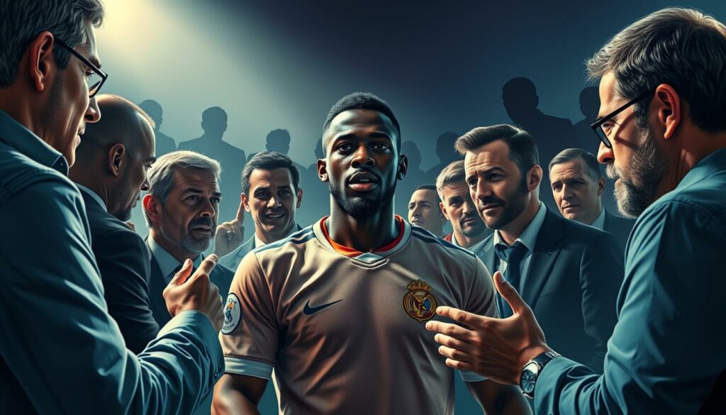 A bustling scene of intense competition among several European soccer clubs vying for the signature of highly sought-after young defender Armel Bella-Kotchap. In the foreground, club representatives engage in animated discussions, gesturing passionately as they negotiate the terms of a potential transfer. The middle ground features a detailed rendering of Bella-Kotchap, his confident expression and powerful physique capturing the attention of the suitors. In the background, the shadowy silhouettes of additional clubs loom, their interest palpable, creating an atmosphere of high-stakes rivalry. Dramatic lighting casts dramatic shadows, heightening the tension of the transfer tug-of-war. A wide-angle lens captures the full scope of this heated competition for the services of the highly talented defender.