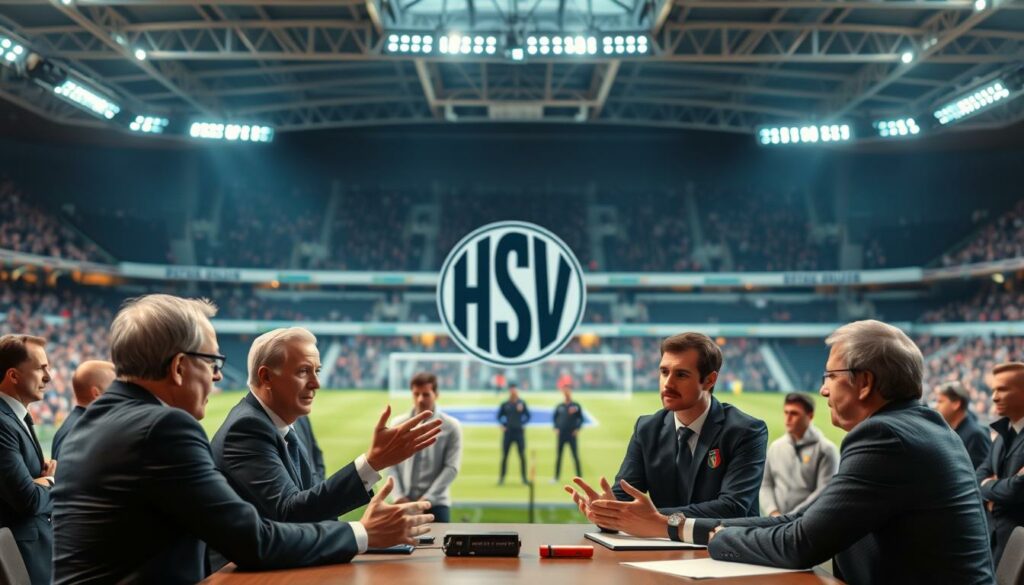 A bustling soccer stadium with a dynamic atmosphere, the foreground features a group of executives in formal attire engaged in a heated discussion, gesturing animatedly as they strategize about player transfers and personnel decisions for the Hamburg SV football club. The middle ground showcases the iconic HSV logo prominently displayed, casting an authoritative presence. In the background, blurred figures of coaches and scouts observe the proceedings, their expressions reflecting the gravity of the decisions at hand. The lighting is warm and professional, capturing the serious nature of the negotiations, while the lens provides a balanced, cinematic perspective to convey the high-stakes nature of this strategic meeting.