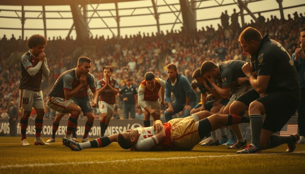 A captivating scene of players and fans reacting to the distressing Musiala injury, captured in a dramatic, cinematic style. The foreground showcases worried expressions, hands covering mouths, and bodies tensing with concern. The middle ground features a hushed, tense atmosphere as teammates gather around the fallen player. In the background, the stadium audience exhibits a range of emotions - from shock and disbelief to empathy and solidarity. Warm, muted lighting casts a somber tone, while a slightly low camera angle heightens the gravity of the moment. The overall composition evokes a palpable sense of dread and uncertainty in the wake of this impactful injury.