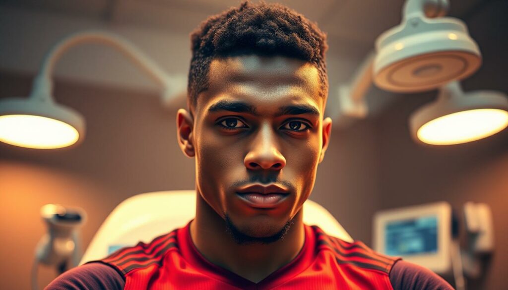 A close-up portrait of Jamie Gittens, a young professional soccer player, undergoing a medical examination. The scene is set in a modern medical facility, with Gittens seated on an examination table, wearing athletic gear. The lighting is warm and focused, casting a soft glow on his face, highlighting his determined expression. The background is blurred, with medical equipment and tools visible, conveying the clinical atmosphere. The composition emphasizes Gittens' face and upper body, creating a sense of intimacy and intensity, as he undergoes the final steps before his transfer to a new team. The overall mood is one of anticipation and quiet focus, reflecting the significance of this pivotal moment in Gittens' career.