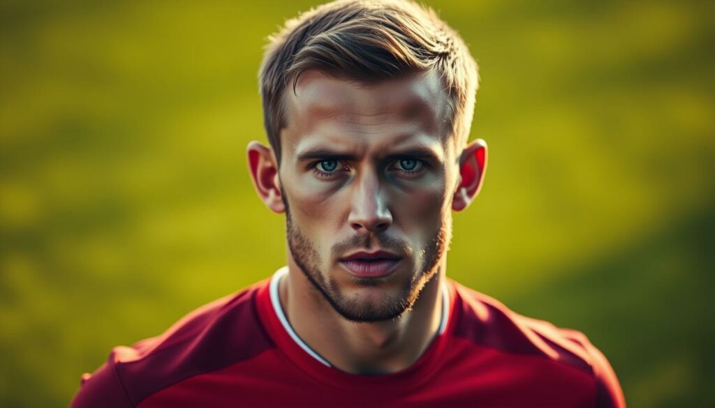 A close-up portrait of Liverpool Football Club captain Jordan Henderson in his Premier League uniform, set against a blurred background of a lush, green soccer pitch. The lighting is soft and natural, casting a warm glow on Henderson's determined expression as he gazes intently into the camera. The image captures the player's leadership, skill, and dedication to the game, showcasing his role as a key player in the Premier League. The overall tone is one of focus, intensity, and the pride of representing a top-tier English football club.