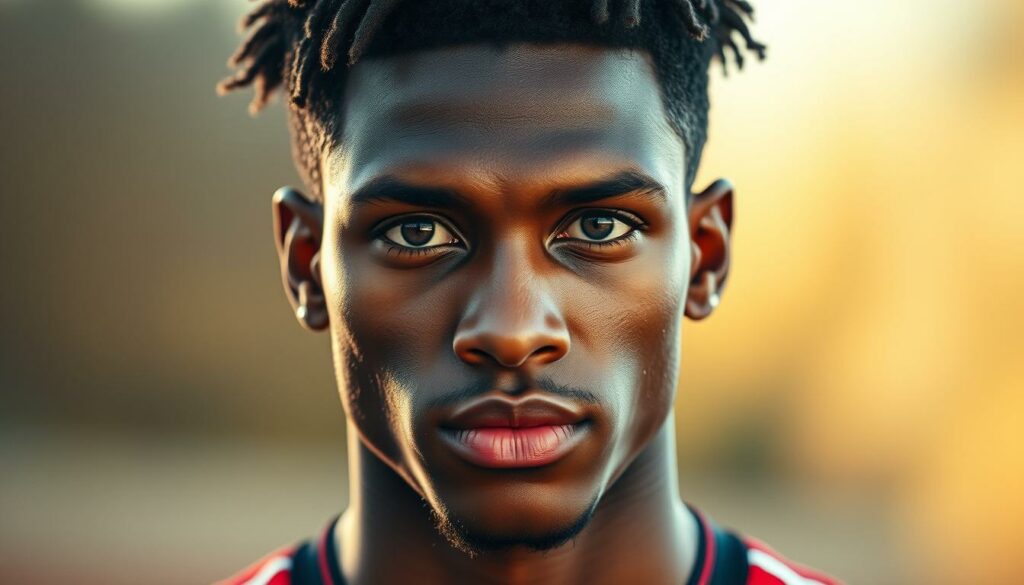 A close-up portrait of Malik Tillman, the young German footballer from Bayern Munich. He stands in a confident, athletic pose, his piercing gaze directed at the viewer. Warm, natural lighting highlights the sharp contours of his face and the intensity in his eyes. The background is softly blurred, placing the focus entirely on Tillman's striking features and powerful presence. The image conveys a sense of Tillman's dynamic playing style - wuchtig, variabel, torgefährlich - capturing his physical prowess and mental focus as a rising star in the Bundesliga.
