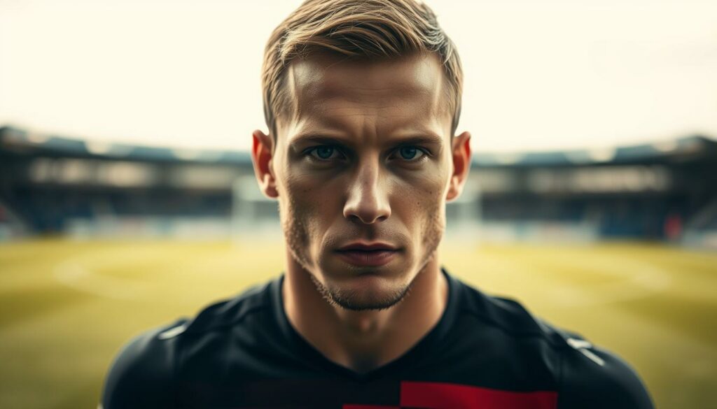 A close-up portrait of Matheo Raab, a professional German footballer, set against a blurred background of a soccer field. Raab is shown in a thoughtful, determined pose, his gaze fixed intently on the viewer. The lighting is soft and evenly distributed, creating a warm, contemplative atmosphere. The lens is slightly wide-angled to capture Raab's upper body and face in detail, conveying a sense of intimacy and personal connection. The overall composition is balanced and visually striking, highlighting Raab's athletic physique and the intensity of his expression, suggesting his focus and dedication to his sporting career.