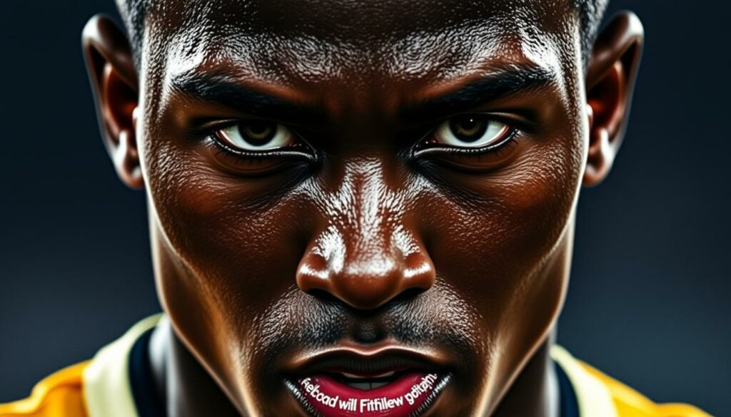 A close-up portrait of Mohammed Kudus, the talented Ghanaian footballer, showcasing his impressive Premier League performances. Kudus is depicted in a dynamic, action-oriented pose, his face exuding determination and focus. The lighting is dramatic, with strong shadows highlighting the contours of his face and the intensity in his eyes. The background is blurred, placing the emphasis solely on Kudus and his skill on the pitch. The image conveys a sense of power, athleticism, and the player's immense potential, capturing the essence of the "Mohammed Kudus: Leistungen und Potenzial" section of the article.