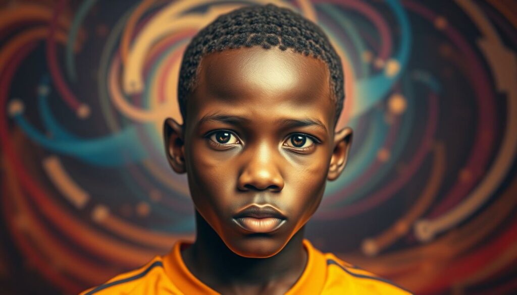 A close-up portrait of Nestory Irankunda, a young Burundian football player, showcasing his development and growth. Soft, warm lighting illuminates his focused expression, conveying his determination and potential. The middle ground features a dynamic action pose, capturing his skillful ball control and athletic prowess. The background blurs into a vibrant, abstract representation of his journey, with swirling colors and shapes symbolizing the challenges and triumphs he has faced. The overall composition and mood evoke a sense of inspiration and optimism, reflecting the positive narrative of Nestory's rise to prominence.