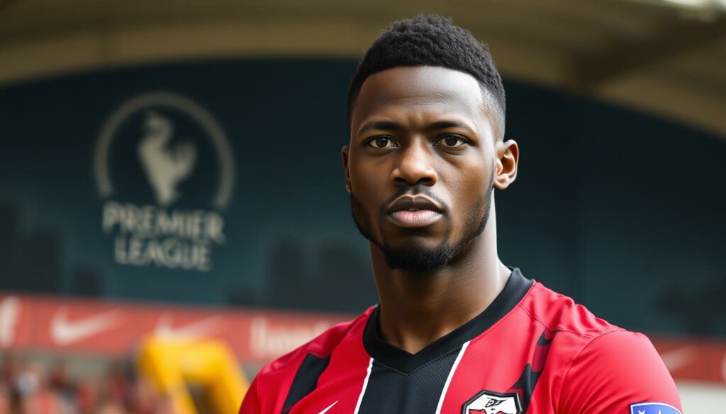 A close-up portrait of Premier League footballer Bryan Mbeumo, wearing his Brentford FC jersey, set against a blurred background featuring the Premier League logo and stadium silhouettes. The lighting is soft and natural, accentuating Mbeumo's determined expression and highlighting the details of his uniform. The composition places the player in the foreground, conveying a sense of his importance and impact on the league. The overall mood is one of anticipation and excitement, reflecting the potential impact Mbeumo's presence could have on Brentford's performance in the Premier League.