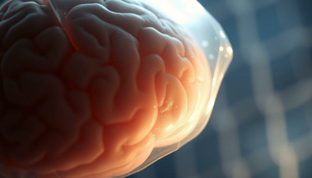 A close-up view of a human brain, partially obscured by a shimmering translucent field, conveying the sensation of a concussion. The brain appears swollen, with subtle fractures and discoloration, bathed in a soft, hazy light that creates an atmosphere of vulnerability and concern. In the background, a blurred medical setting suggests the clinical context of the injury. The composition emphasizes the delicate nature of the brain and the gravity of the "Gehirnerschütterung" (concussion) diagnosis, mirroring the article's focus on the goalkeeper's medical condition and its potential impact on the team.