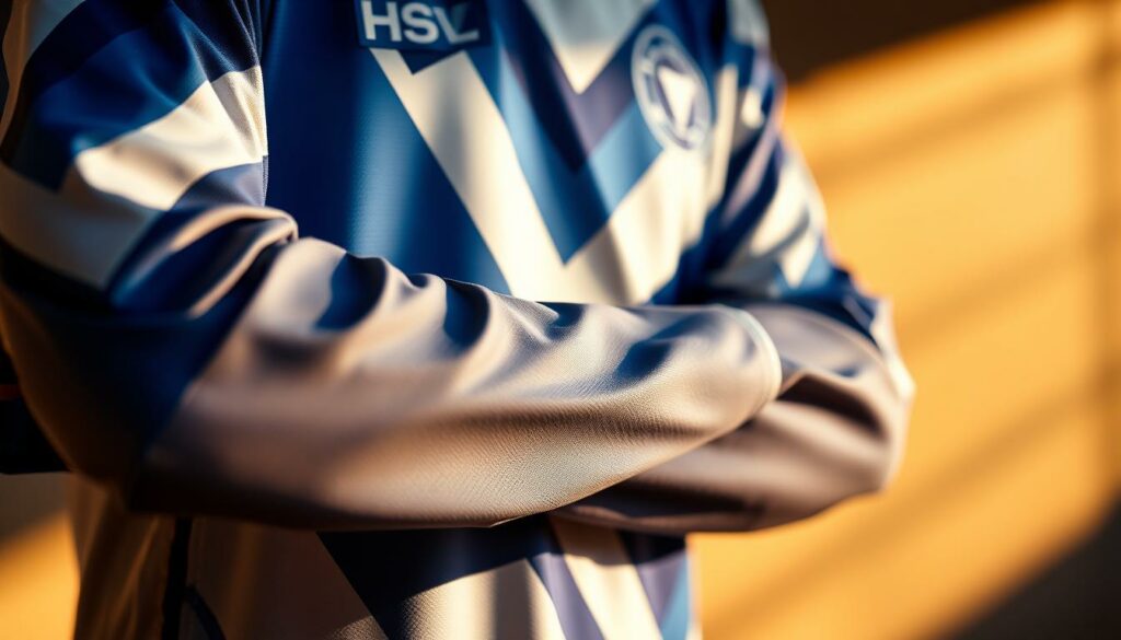 A close-up view of a personalized soccer jersey design for the HSV (Hamburger SV) football club. The jersey features a bold, angular graphic pattern in the club's signature blue and white colors, with subtle gradient effects and textured elements that catch the light. The jersey's sleeves are rolled up, revealing a stylish, tailored fit. The scene is illuminated by warm, directional lighting, casting dramatic shadows and highlights that accentuate the jersey's design details. The jersey is displayed against a blurred, out-of-focus background, drawing the viewer's eye to the intricate pattern and high-quality construction of the garment.