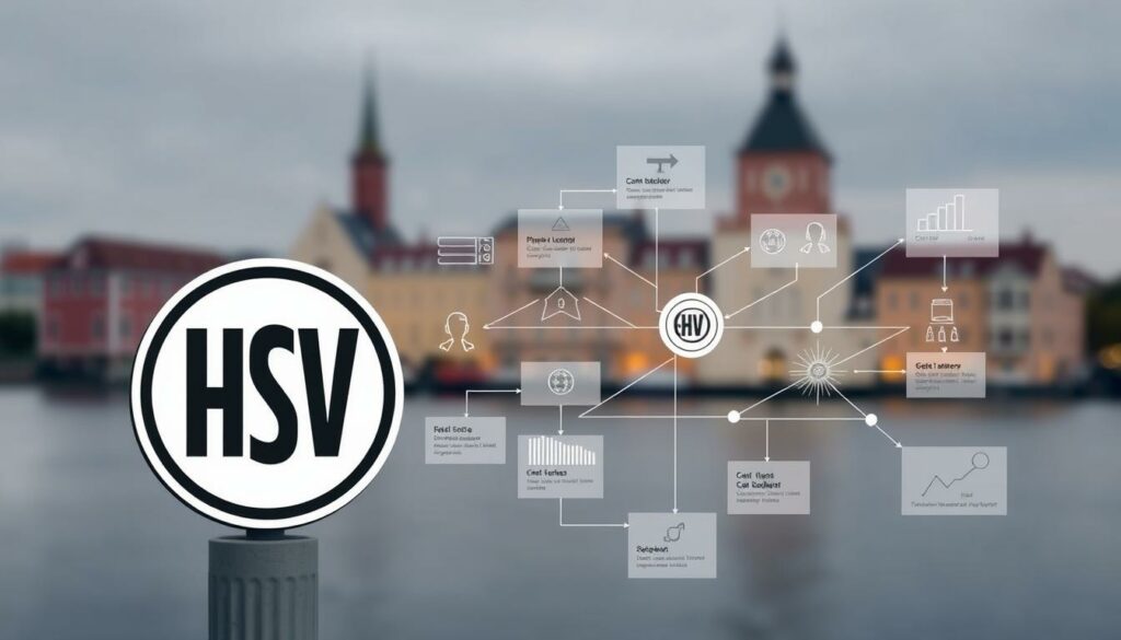 A detailed analysis of the transfer strategy of Hamburger SV, showcasing a sleek, modern, and data-driven approach. In the foreground, a stylized HSV logo stands out, conveying the club's identity. In the middle ground, a series of interconnected graphs, charts, and diagrams illustrate the analytical process, with clean lines and a muted color palette. The background features a blurred cityscape of Hamburg, evoking the team's home city and the larger context of the club's operations. The overall impression is one of a well-considered, strategic approach to player recruitment and roster management, with a focus on data-driven decision-making.