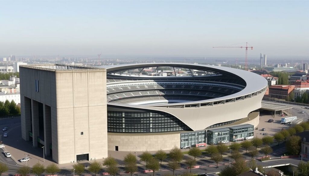 A detailed architectural rendering showcasing the proposed renovation and new construction plans for the HSV stadium. In the foreground, the current stadium structure stands, its weathered concrete facade and aging infrastructure contrasting with the sleek, modern design of the new development in the middle ground. Rendered in a muted, technical color palette, the new stadium features a sweeping curved roof, glass facades, and streamlined silhouette. In the background, the urban landscape of Hamburg provides a contextual backdrop, hinting at the integration of the updated sports venue within the city. Crisp, even lighting illuminates the scene, capturing the technical details and materiality of the structures. The overall mood conveys a sense of progress and modernization, highlighting the contrast between the old and the new.