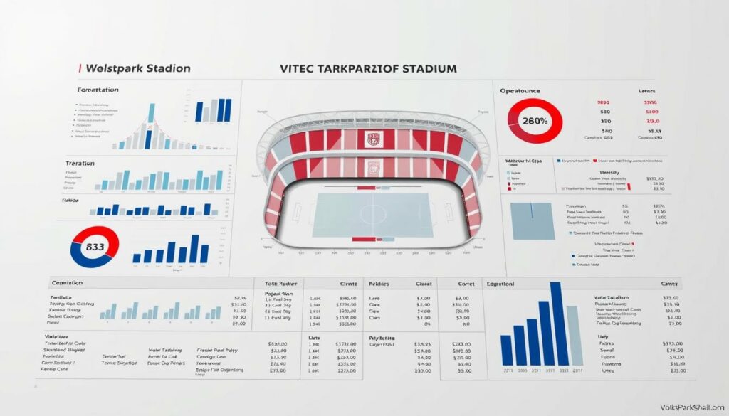 A detailed financial analysis of the Volksparkstadion, the home stadium of German football club Hamburger SV. The image showcases a comprehensive cost breakdown, including construction, maintenance, and operational expenses, presented in a clear and organized manner. The layout features a clean, minimalist design with thoughtfully arranged charts, graphs, and numerical data, conveying the economic aspects and viability of the stadium project. Subtle lighting and a neutral color palette create a professional, analytical atmosphere, allowing the financial information to take center stage. The overall impression is one of thorough, well-researched data visualization, suitable for inclusion in a high-quality business or journalistic publication.