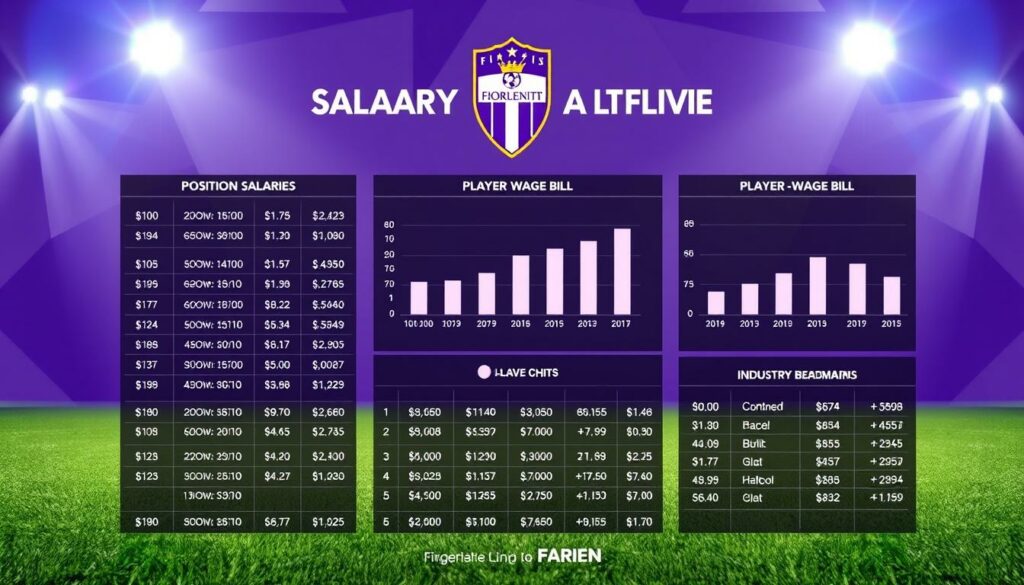 A detailed financial breakdown of Fiorentina's salary structure, presented in a sleek, data-driven infographic. The foreground showcases a table of player salaries, neatly organized by position and compensation levels, with clean typography and a minimalist color palette. The middle ground features a series of bar charts illustrating the club's overall wage bill, player bonus structures, and comparisons to industry benchmarks. In the background, an abstract geometric pattern evokes a sense of precision and professionalism, complementing the analytical nature of the content. Bright yet subtle lighting creates depth and highlights the key financial metrics, conveying a serious yet visually appealing tone befitting the subject matter.