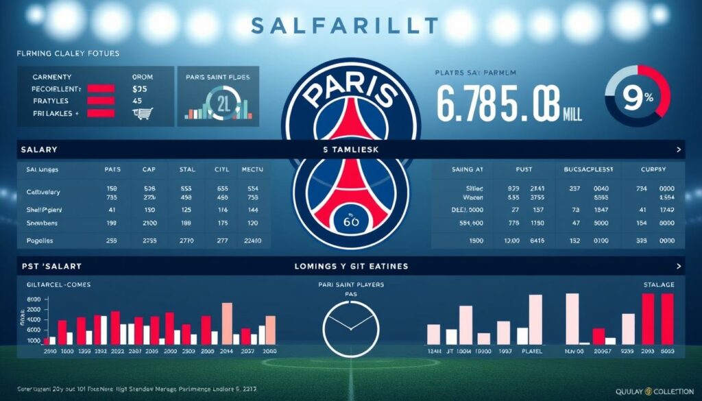 A detailed financial breakdown of Paris Saint-Germain's salary structure, showcasing the club's high-cost player roster and the looming challenges they face. The image should depict a sleek, data-driven visualization, with a clean, minimalist design. Utilize a cool, sophisticated color palette to convey the serious, analytical nature of the topic. Incorporate charts, graphs, and infographics to present the salary data in a clear, easy-to-understand manner. Ensure the overall composition strikes a balance between the factual presentation and the underlying tension of the club's financial burden. The image should evoke a sense of both professionalism and the pressure facing PSG's management.